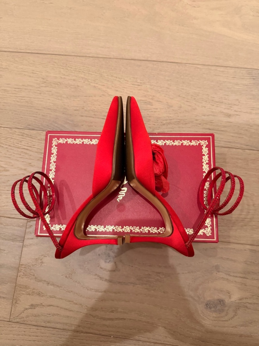 Rene Caovilla Red Satin Crystal Wrap Serpent Heels - Picture 7 of 10